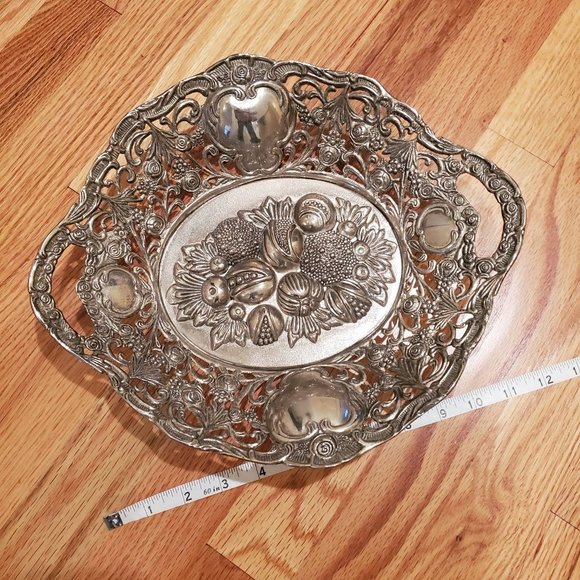 Mid-Century Vintage Handmade Nickel Bowl Raised Vegetable Design and Handles - Picture 3 of 9